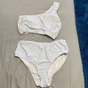 White and blue striped swimsuit set